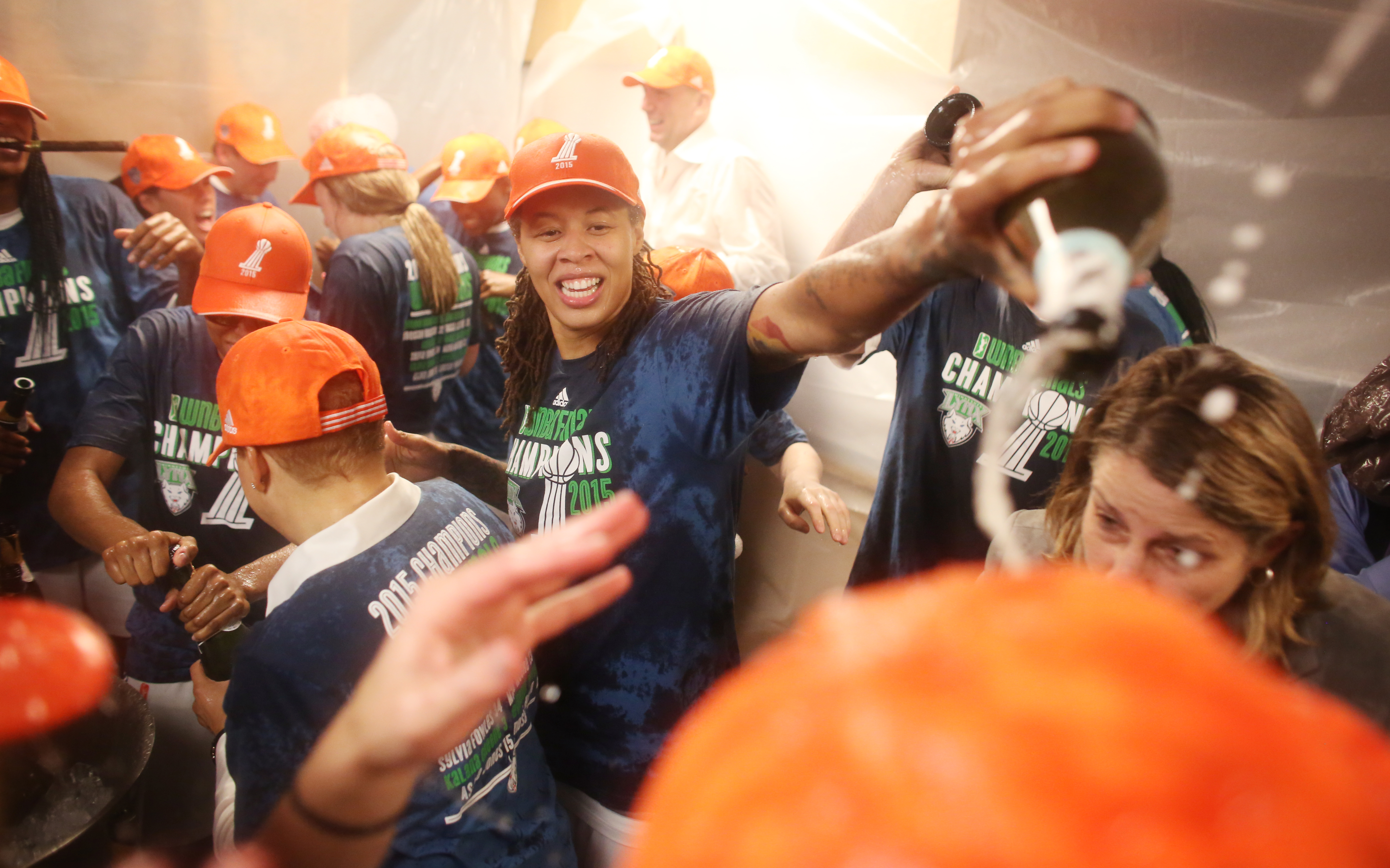 The Minnesota Lynx celebrate winning the WNBA title.   ] (KYNDELL HARKNESS/STAR TRIBUNE) kyndell.harkness@startribune.com  Game 5 of the WNBA finals Lynx vs Indiana at the Target Center in Minneapolis, Min., Wednesday October 14,  2015.